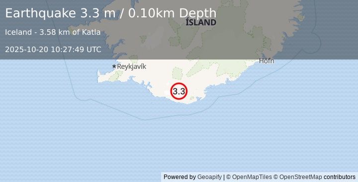 Earthquake ICELAND (3.3 m) (2025-10-20 10:27:49 UTC)