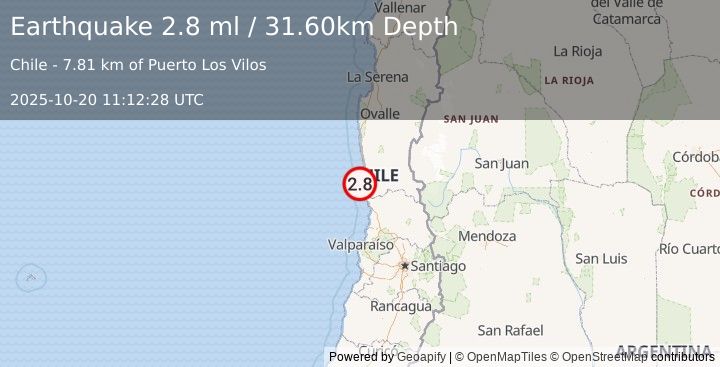 Earthquake OFFSHORE COQUIMBO, CHILE (2.8 ml) (2025-10-20 11:12:28 UTC)