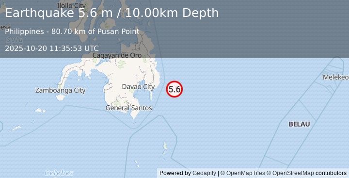 Earthquake PHILIPPINE ISLANDS REGION (5.8 mw) (2025-10-20 11:35:51 UTC)