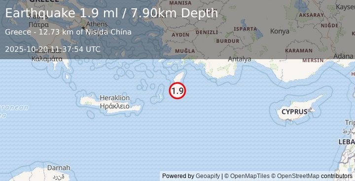 Earthquake DODECANESE ISLANDS, GREECE (1.9 ml) (2025-10-20 11:37:54 UTC)
