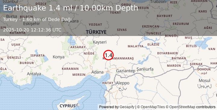 Earthquake CENTRAL TURKEY (1.5 ml) (2025-10-20 12:12:00 UTC)