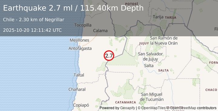 Earthquake ANTOFAGASTA, CHILE (2.7 ml) (2025-10-20 12:11:42 UTC)