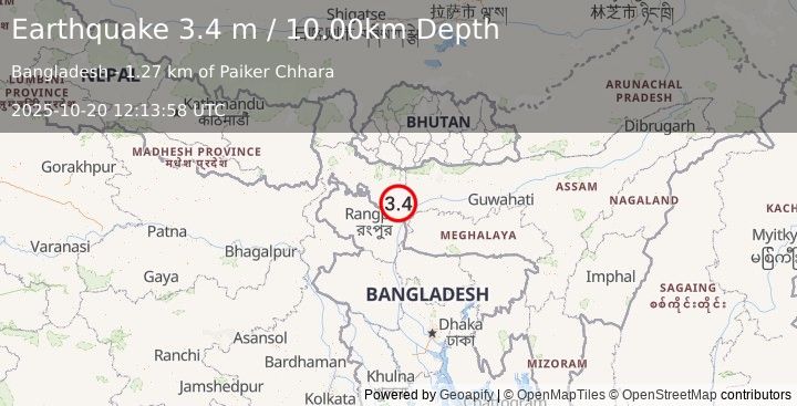 Earthquake INDIA-BANGLADESH BORDER REGION (3.4 m) (2025-10-20 12:13:58 UTC)