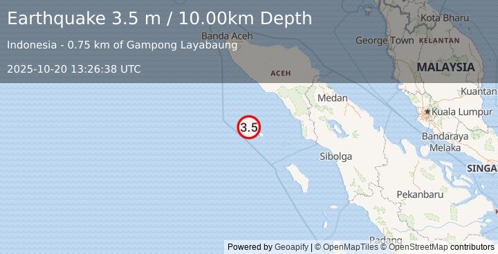 Earthquake SIMEULUE, INDONESIA (3.5 m) (2025-10-20 13:26:38 UTC)