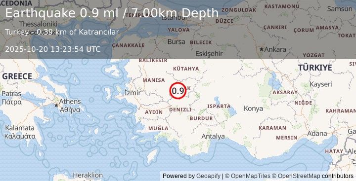 Earthquake WESTERN TURKEY (0.9 ml) (2025-10-20 13:23:54 UTC)