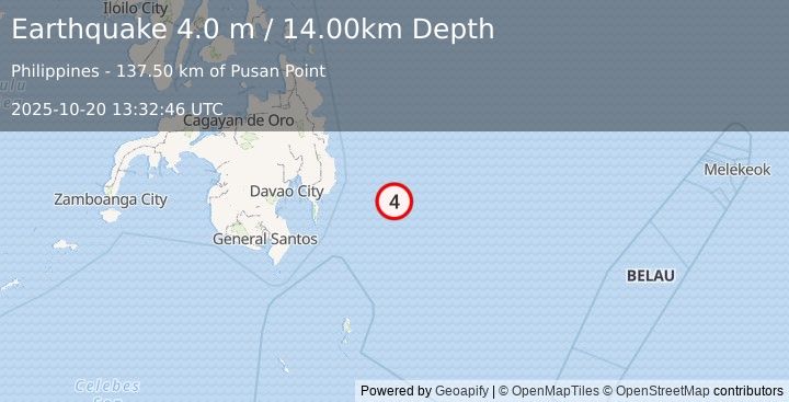 Earthquake PHILIPPINE ISLANDS REGION (4.0 m) (2025-10-20 13:32:46 UTC)