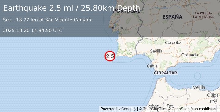 Earthquake PORTUGAL (2.5 ml) (2025-10-20 14:34:46 UTC)