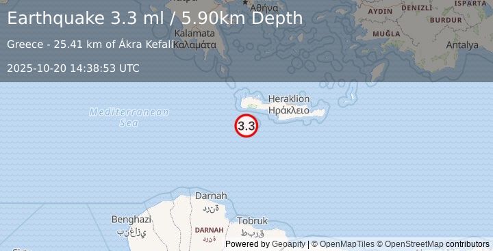 Earthquake CRETE, GREECE (3.3 ml) (2025-10-20 14:38:53 UTC)