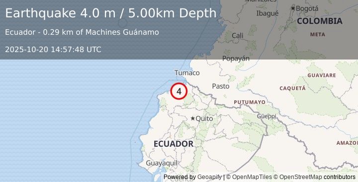 Earthquake NEAR COAST OF ECUADOR (3.9 ml) (2025-10-20 14:57:46 UTC)