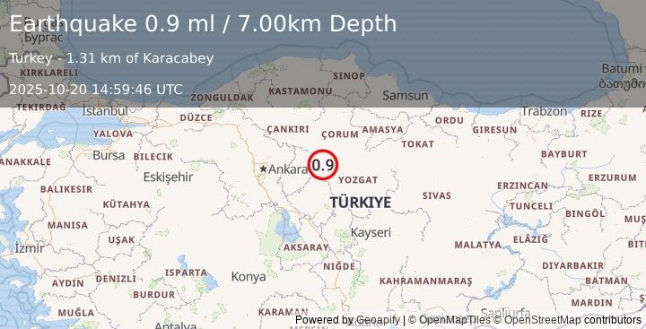 Earthquake CENTRAL TURKEY (0.9 ml) (2025-10-20 14:59:46 UTC)