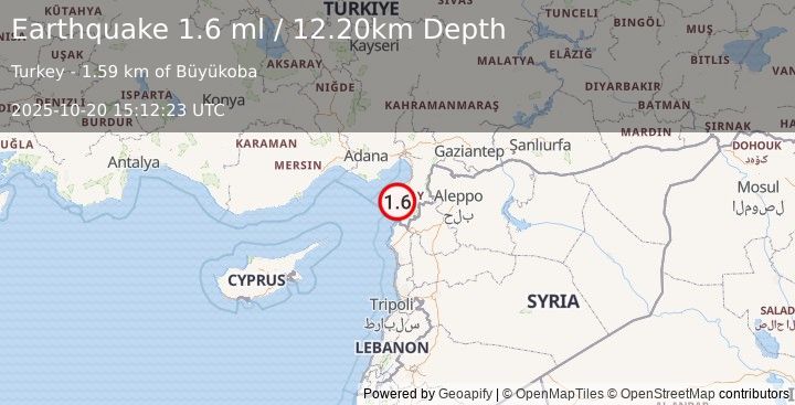 Earthquake CENTRAL TURKEY (1.6 ml) (2025-10-20 15:12:23 UTC)