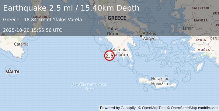 Earthquake SOUTHERN GREECE (2.5 ml) (2025-10-20 15:55:56 UTC)