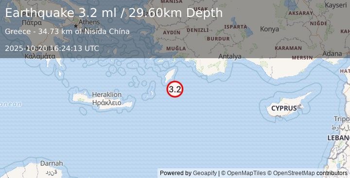 Earthquake EASTERN MEDITERRANEAN SEA (3.2 ml) (2025-10-20 16:24:13 UTC)