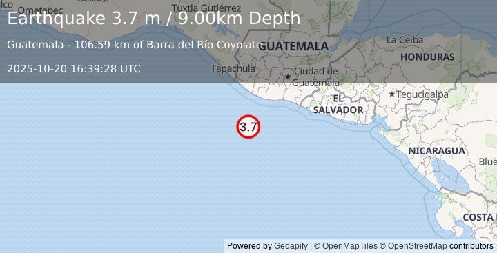 Earthquake OFF THE COAST OF GUATEMALA (3.7 m) (2025-10-20 16:39:28 UTC)