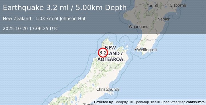 Earthquake SOUTH ISLAND OF NEW ZEALAND (3.2 ml) (2025-10-20 17:06:25 UTC)