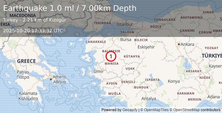 Earthquake WESTERN TURKEY (1.0 ml) (2025-10-20 17:33:32 UTC)