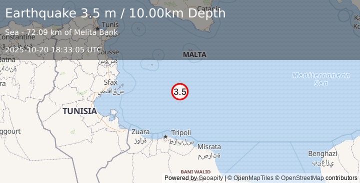 Earthquake CENTRAL MEDITERRANEAN SEA (3.5 m) (2025-10-20 18:33:05 UTC)