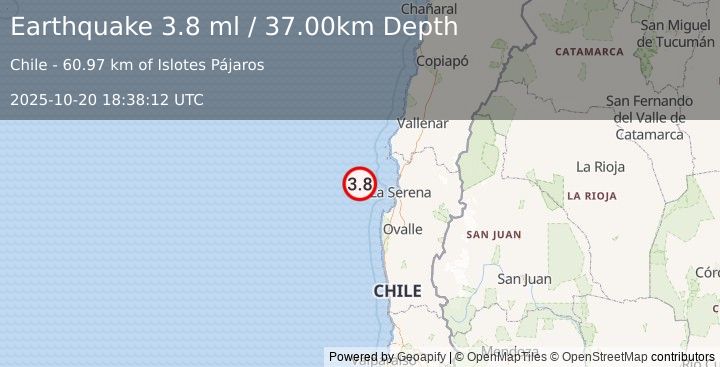 Earthquake OFFSHORE COQUIMBO, CHILE (3.8 ml) (2025-10-20 18:38:10 UTC)