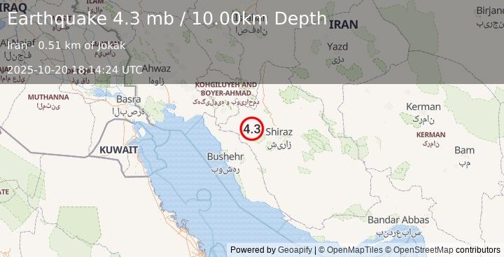 Earthquake SOUTHERN IRAN (4.3 mb) (2025-10-20 18:14:24 UTC)