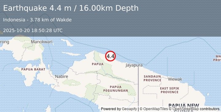 Earthquake NEAR N COAST OF PAPUA, INDONESIA (4.4 m) (2025-10-20 18:50:28 UTC)