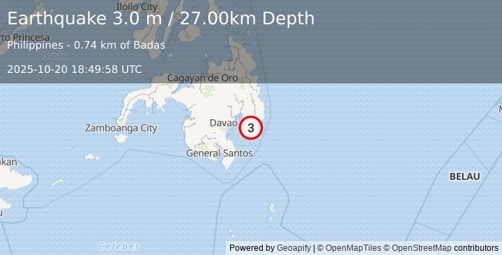 Earthquake MINDANAO, PHILIPPINES (3.0 m) (2025-10-20 18:49:58 UTC)