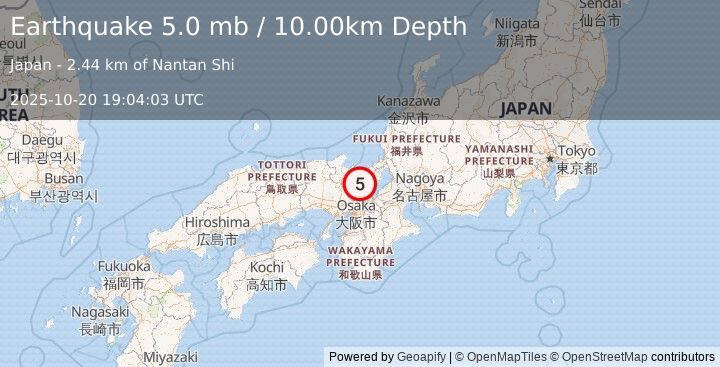 Earthquake WESTERN HONSHU, JAPAN (5.0 mb) (2025-10-20 19:04:06 UTC)