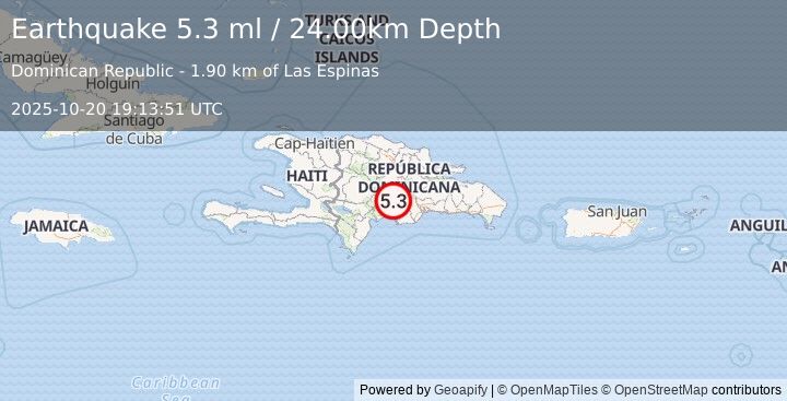 Earthquake DOMINICAN REPUBLIC (5.0 ml) (2025-10-20 19:13:47 UTC)