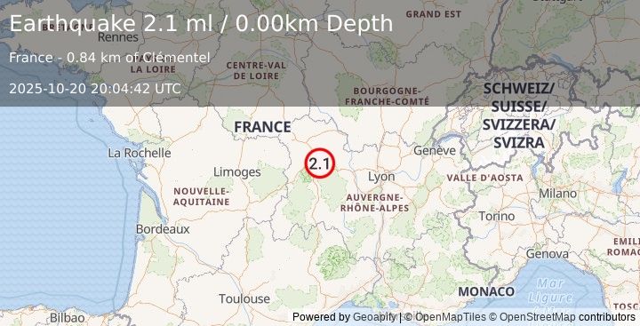 Earthquake FRANCE (2.1 ml) (2025-10-20 20:04:42 UTC)