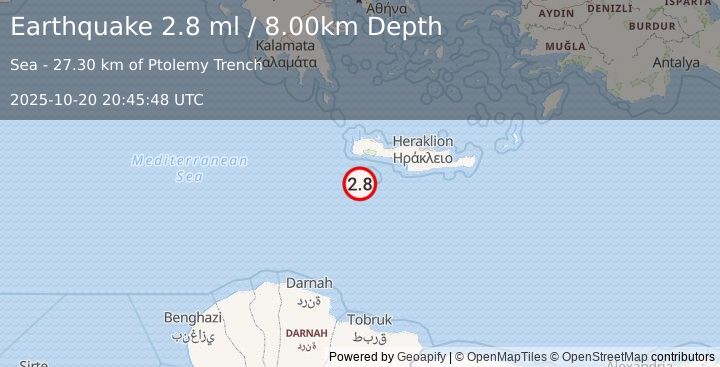 Earthquake CRETE, GREECE (2.8 ml) (2025-10-20 20:45:48 UTC)