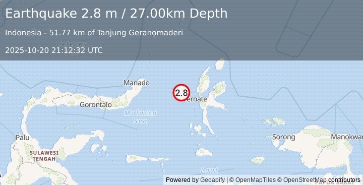 Earthquake MOLUCCA SEA (2.8 m) (2025-10-20 21:12:32 UTC)