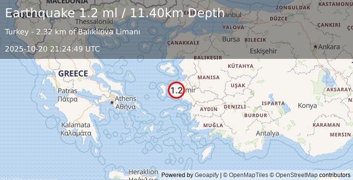 Earthquake NEAR THE COAST OF WESTERN TURKEY (1.2 ml) (2025-10-20 21:24:49 UTC)