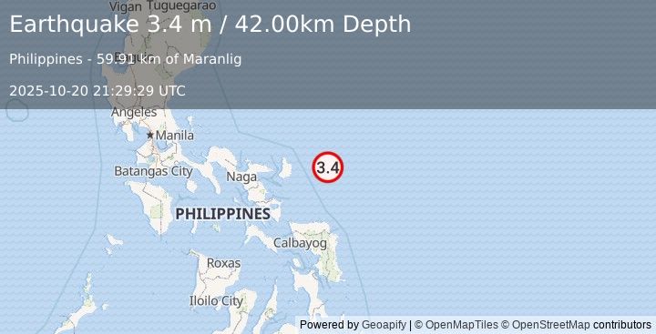 Earthquake PHILIPPINE ISLANDS REGION (3.4 m) (2025-10-20 21:29:29 UTC)