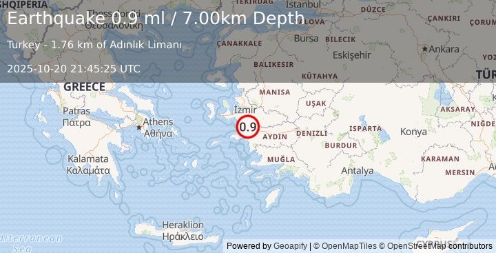 Earthquake WESTERN TURKEY (0.9 ml) (2025-10-20 21:45:25 UTC)