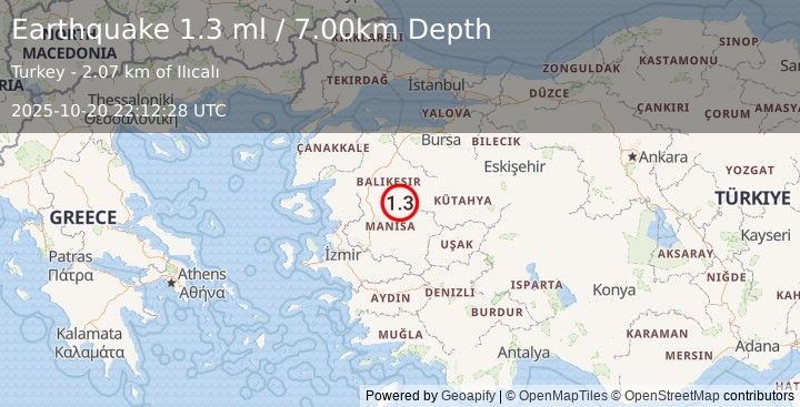Earthquake WESTERN TURKEY (1.3 ml) (2025-10-20 22:12:28 UTC)
