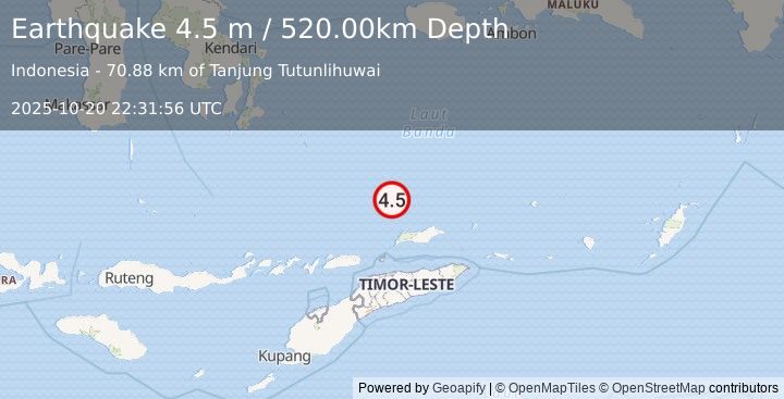 Earthquake KEPULAUAN BARAT DAYA, INDONESIA (4.5 m) (2025-10-20 22:31:56 UTC)