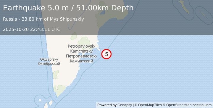 Earthquake NEAR EAST COAST OF KAMCHATKA (5.1 m) (2025-10-20 22:43:13 UTC)