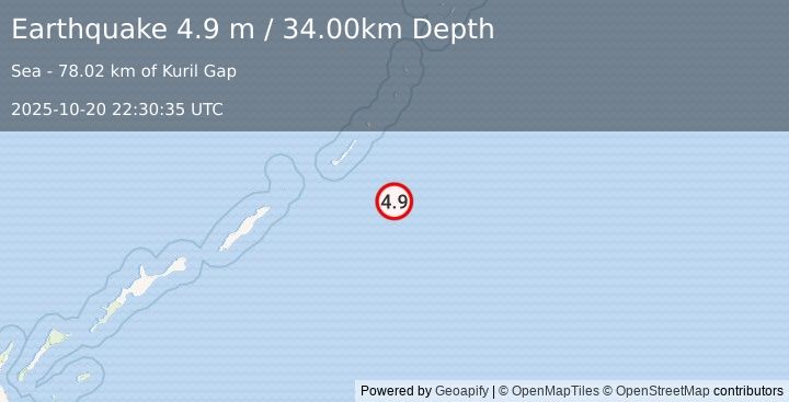 Earthquake KURIL ISLANDS (4.9 m) (2025-10-20 22:30:35 UTC)