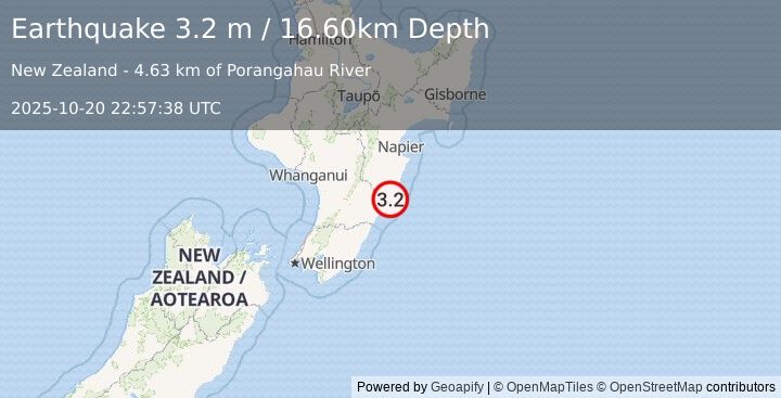Earthquake NORTH ISLAND OF NEW ZEALAND (3.2 m) (2025-10-20 22:57:38 UTC)