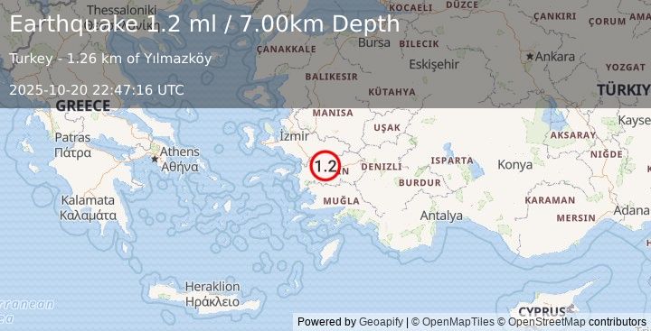 Earthquake WESTERN TURKEY (1.2 ml) (2025-10-20 22:47:16 UTC)