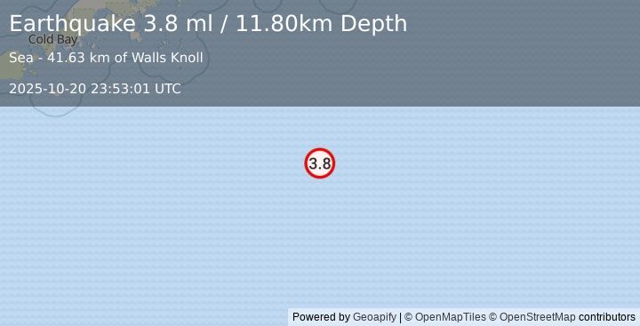 Earthquake SOUTH OF ALASKA (3.8 ml) (2025-10-20 23:53:01 UTC)