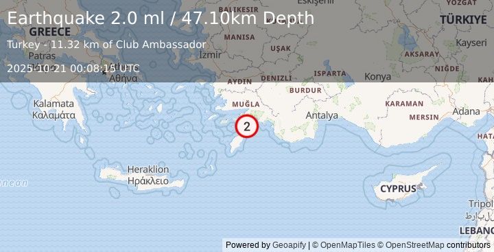 Earthquake DODECANESE IS.-TURKEY BORDER REG (2.0 ml) (2025-10-21 00:08:15 UTC)