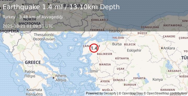 Earthquake WESTERN TURKEY (1.4 ml) (2025-10-21 01:09:51 UTC)