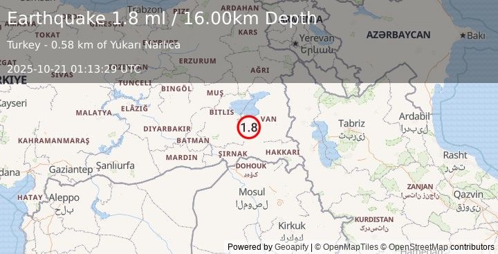 Earthquake EASTERN TURKEY (1.8 ml) (2025-10-21 01:13:29 UTC)