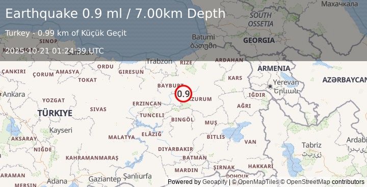 Earthquake EASTERN TURKEY (0.9 ml) (2025-10-21 01:24:39 UTC)