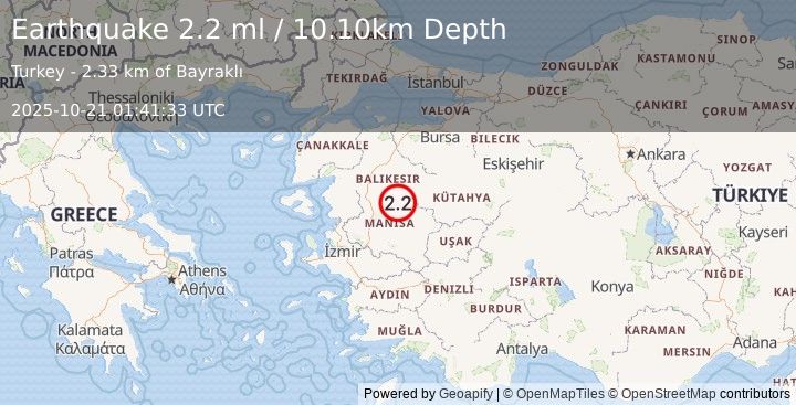 Earthquake WESTERN TURKEY (2.2 ml) (2025-10-21 01:41:33 UTC)
