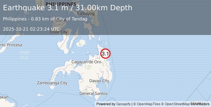 Earthquake MINDANAO, PHILIPPINES (3.1 m) (2025-10-21 02:23:24 UTC)