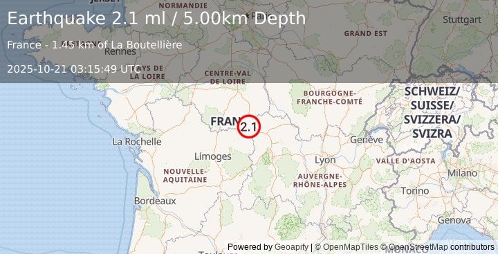Earthquake FRANCE (2.1 ml) (2025-10-21 03:15:49 UTC)