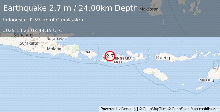 Earthquake LOMBOK REGION, INDONESIA (2.7 m) (2025-10-21 03:43:15 UTC)