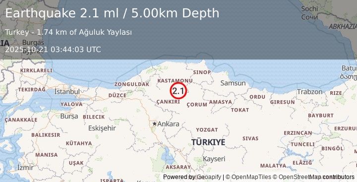 Earthquake CENTRAL TURKEY (2.1 ml) (2025-10-21 03:44:03 UTC)