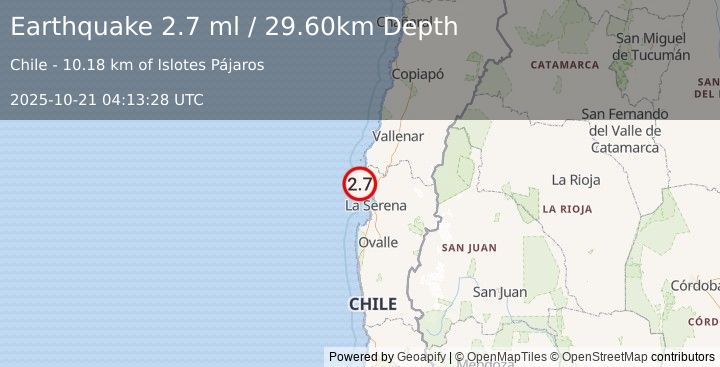 Earthquake OFFSHORE COQUIMBO, CHILE (2.7 ml) (2025-10-21 04:13:28 UTC)